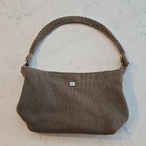 Lina Taupe Brown Crochet Shoulder Bag Braided Handle Floral Lining Zip Closure